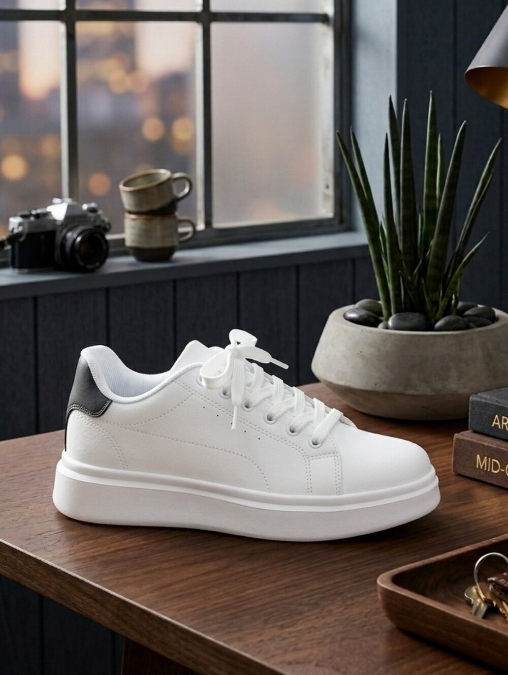 Trendy White Men's Sneaker with Black Heel Accent